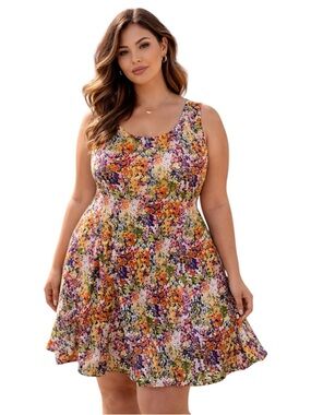 Nine West Floral Fit & Flare Sundress Size 18W Colorful Milkmaid Cottagecore